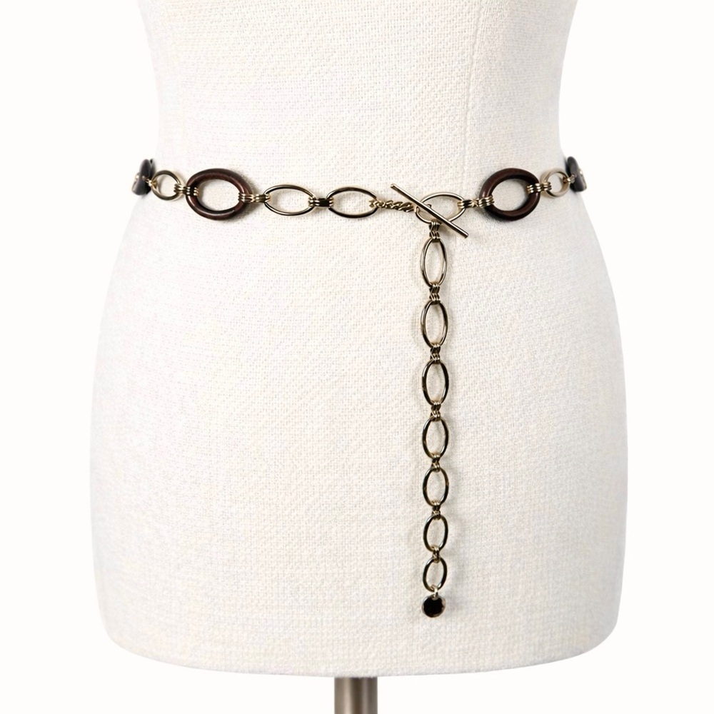 Gold Metal Chainlink & Wood Statement Belt Chic Boho One Size Womens OS